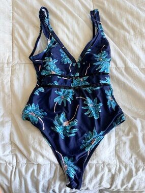SHEIN Navy One-Piece Swimsuit with Teal Palm Print